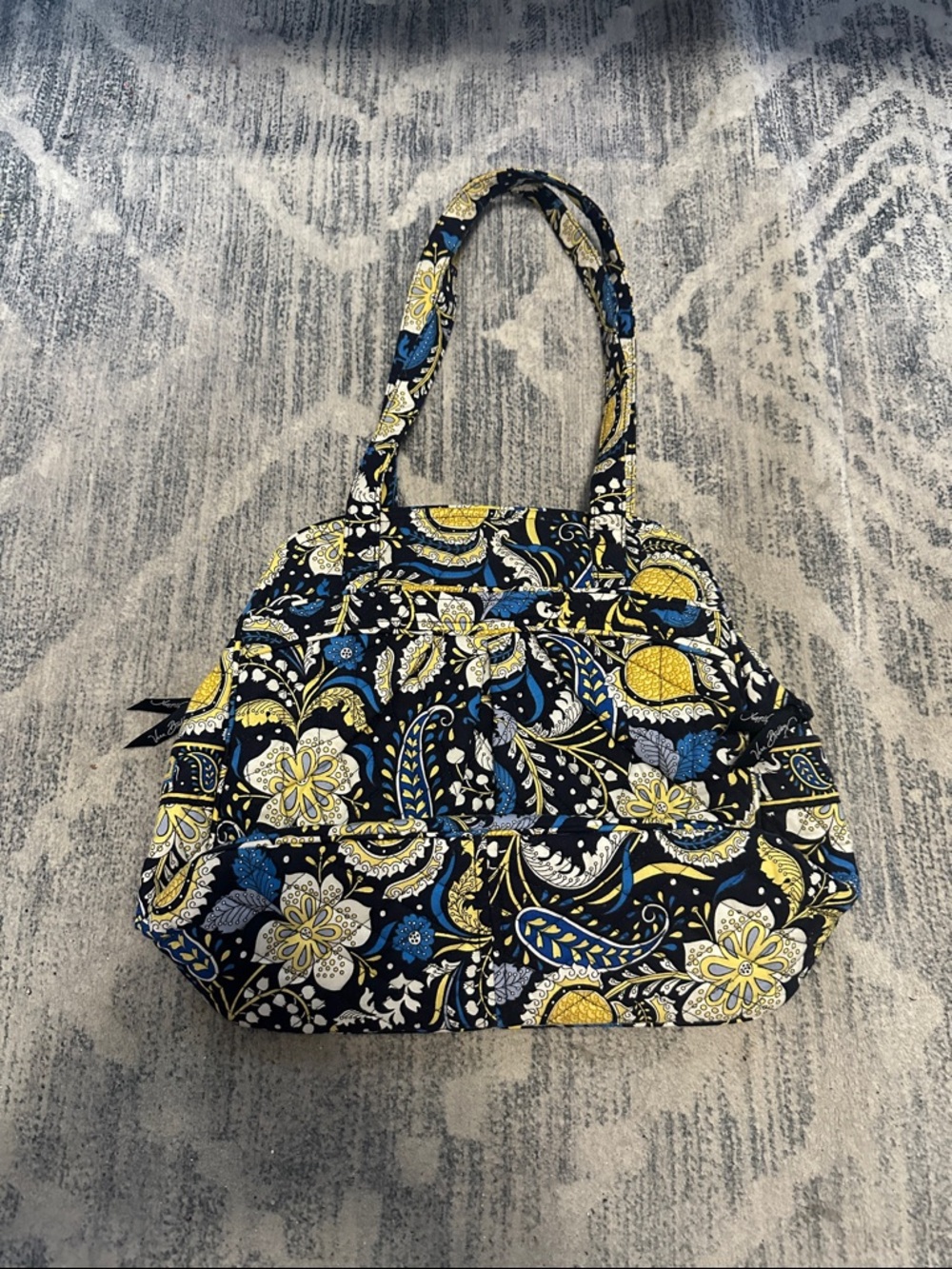 Quilted Floral Tote Bag in Navy, Yellow & White